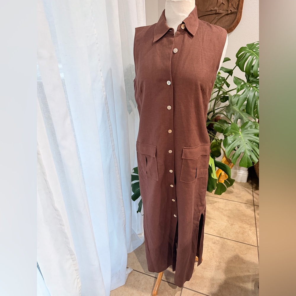 Ecru Maggy Linen Blend Sleeveless Button Front Midi Dress Size 8